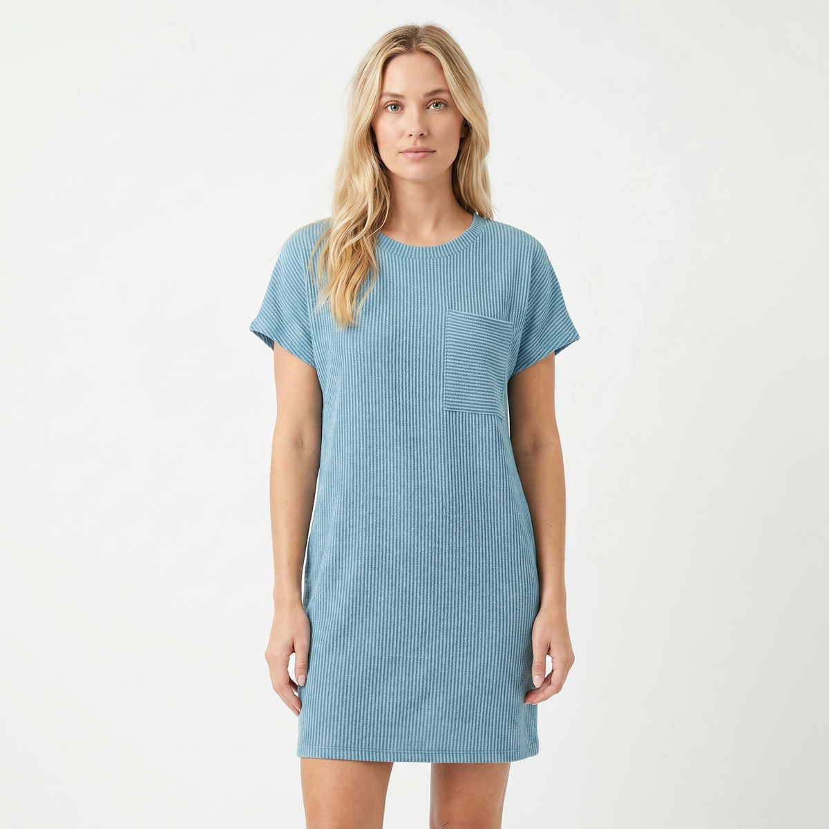Women's Ribbed Knit T Shirt Winter Dress Short-Sleeve Round Neck Mini