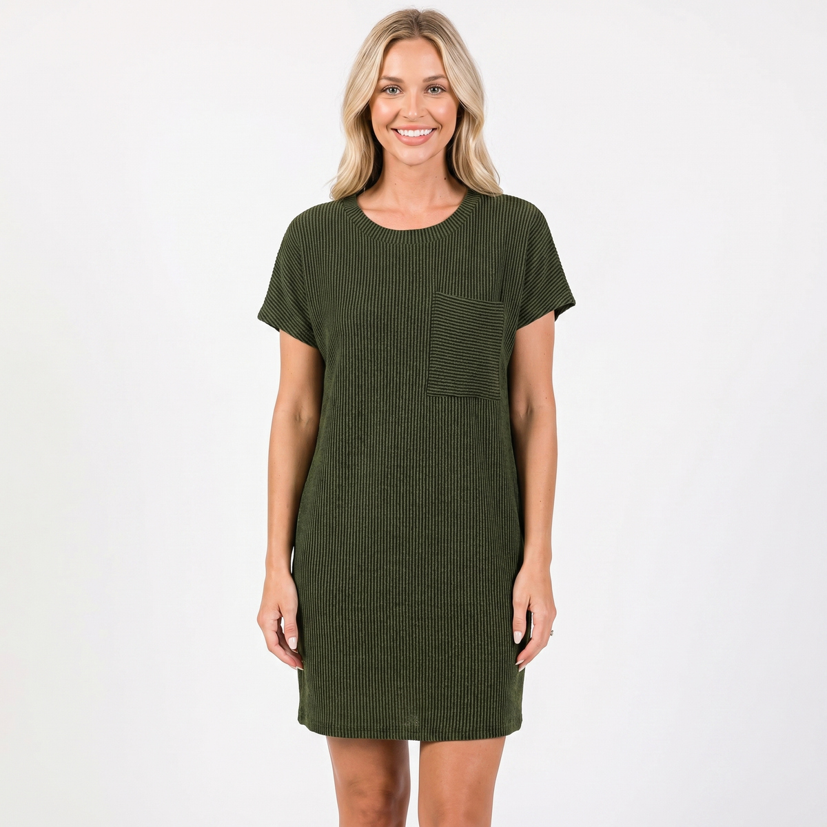 Women's Ribbed Knit T Shirt Winter Dress Short-Sleeve Round Neck Mini