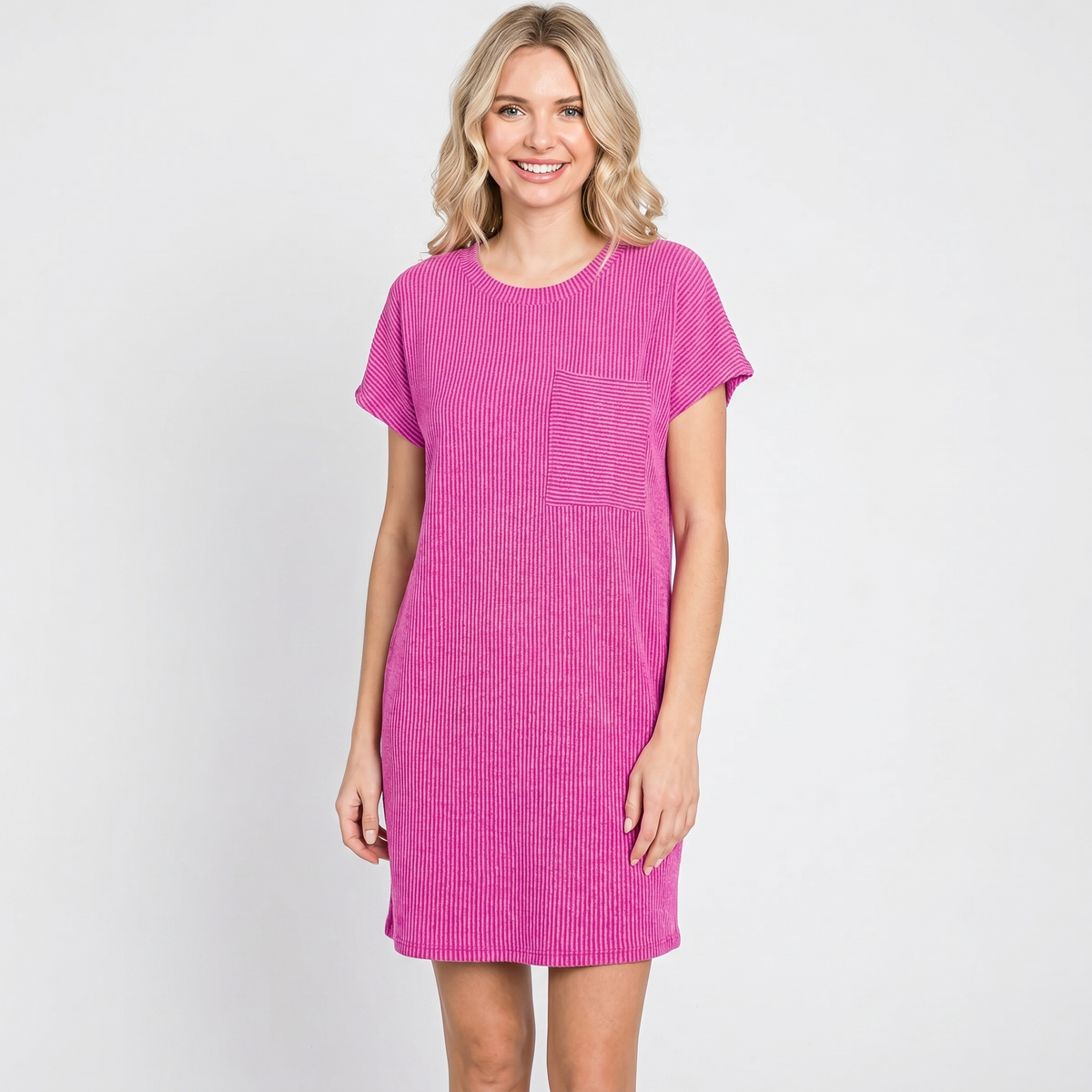 Women's Ribbed Knit T Shirt Winter Dress Short-Sleeve Round Neck Mini