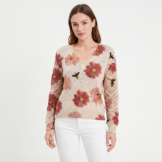 Women's Floral Jacquard Knit Sweater V-Neck Crochet Sleeve Pullover Top
