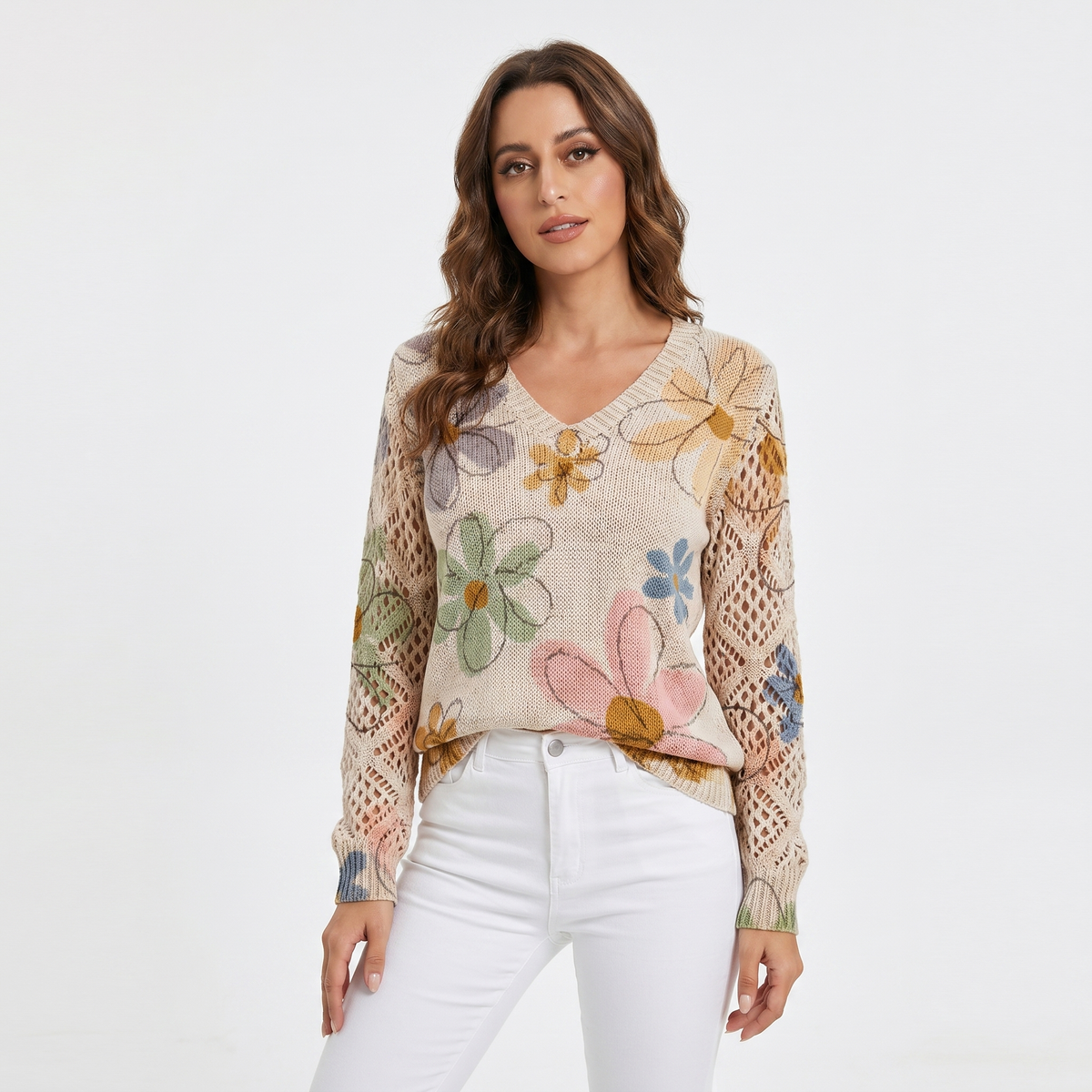 Women's Floral Jacquard Knit Sweater V-Neck Crochet Sleeve Pullover Top