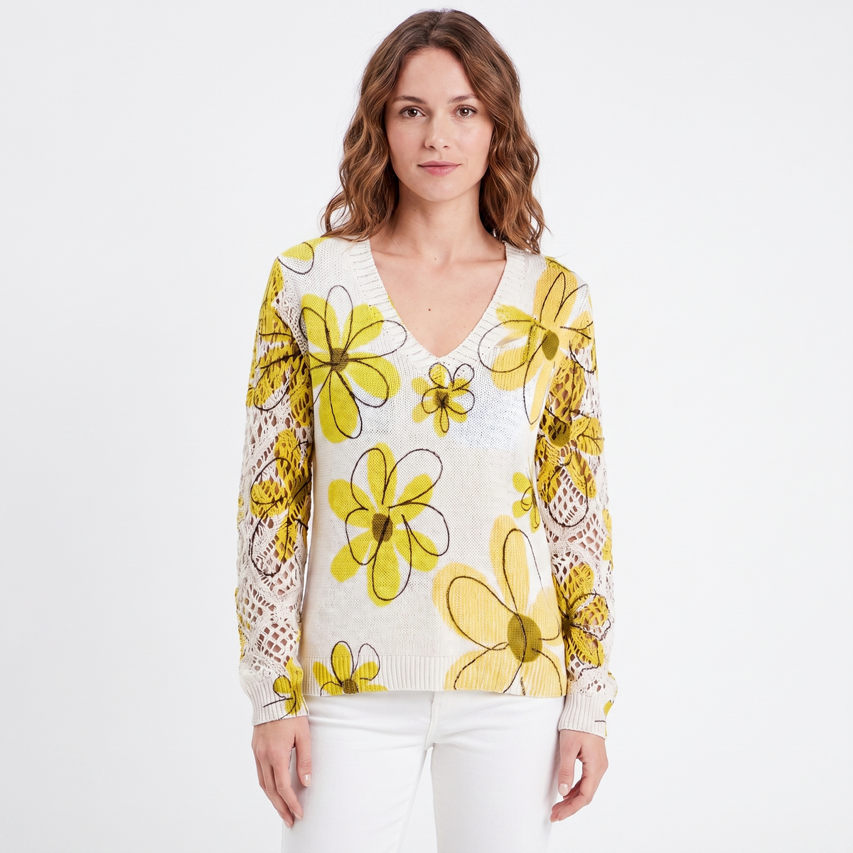 Women's Floral Jacquard Knit Sweater V-Neck Crochet Sleeve Pullover Top