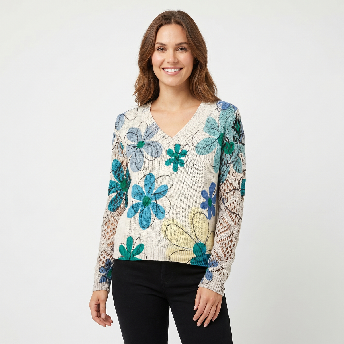 Women's Floral Jacquard Knit Sweater V-Neck Crochet Sleeve Pullover Top