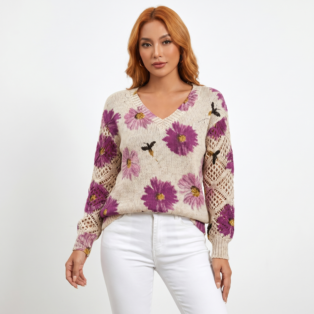 Women's Floral Jacquard Knit Sweater V-Neck Crochet Sleeve Pullover Top