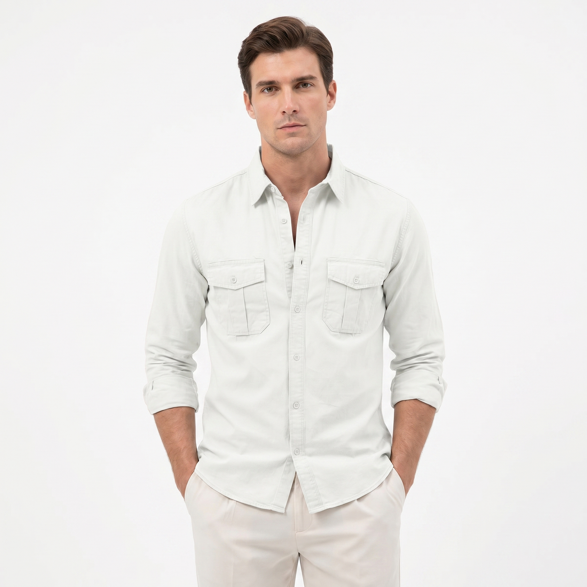 Camicia Uomo in Cotone Utilitaria a Maniche Lunghe con Doppia Tasca sul Petto e Bottoni, Casual