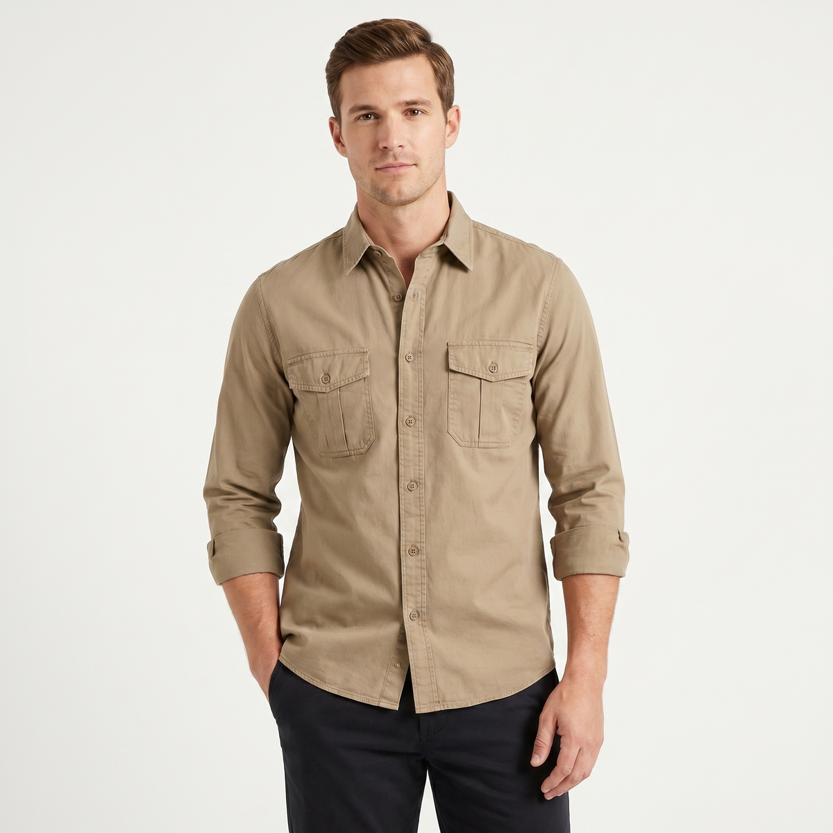 Camicia Uomo in Cotone Utilitaria a Maniche Lunghe con Doppia Tasca sul Petto e Bottoni, Casual