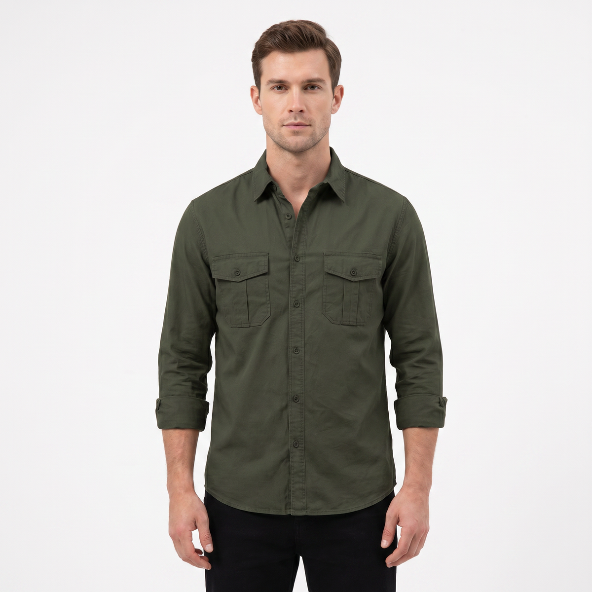 Camicia Uomo in Cotone Utilitaria a Maniche Lunghe con Doppia Tasca sul Petto e Bottoni, Casual