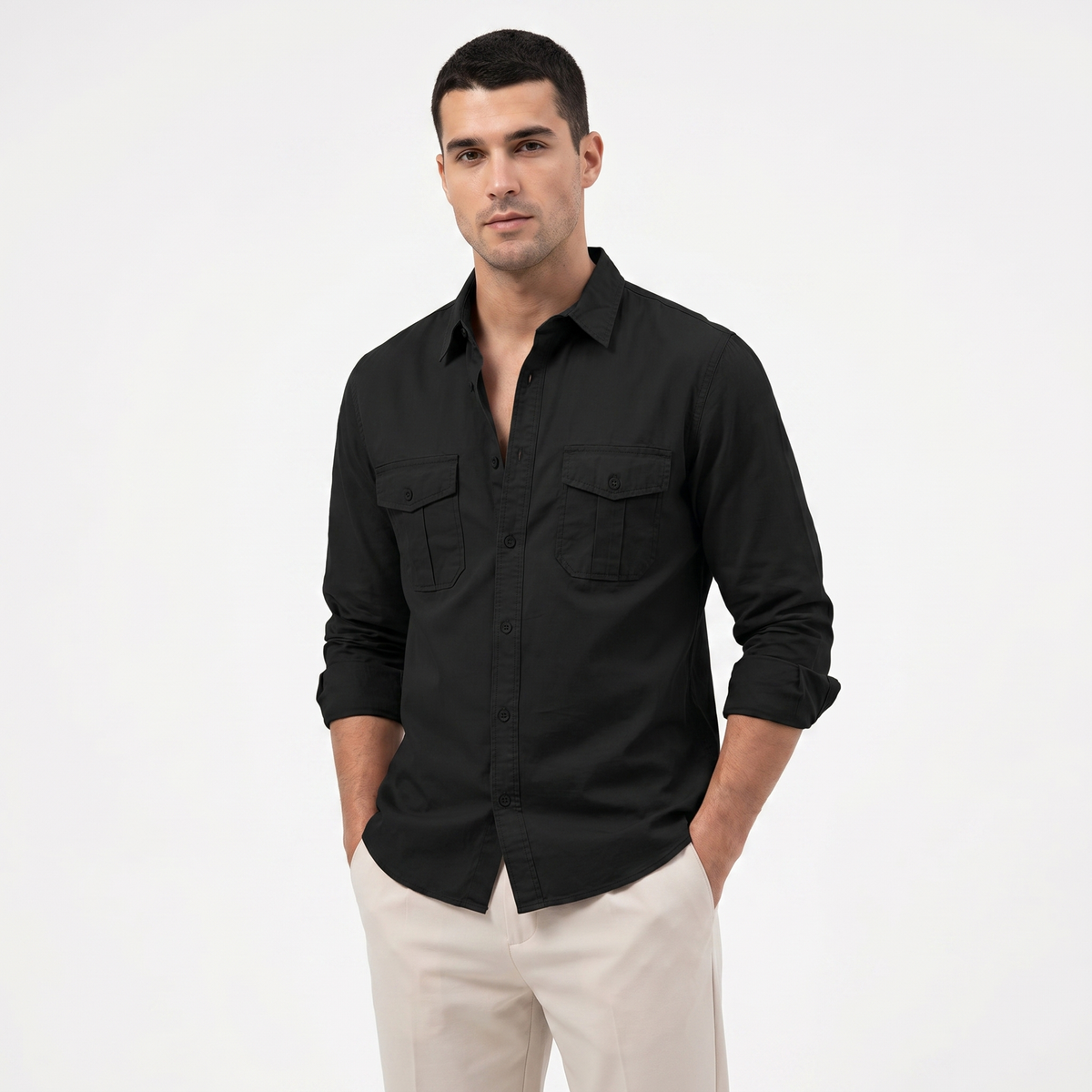 Camicia Uomo in Cotone Utilitaria a Maniche Lunghe con Doppia Tasca sul Petto e Bottoni, Casual
