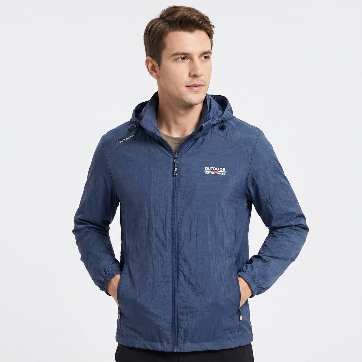 Giacca a vento da uomo leggera con cappuccio, zip intera, impacchettabile, per esterni