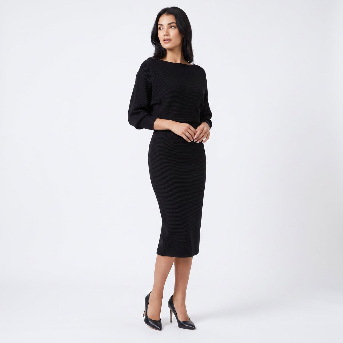 Women's Knit Batwing Sleeve Bodycon Midi Cowl-Neck Fitted Sweater Dress