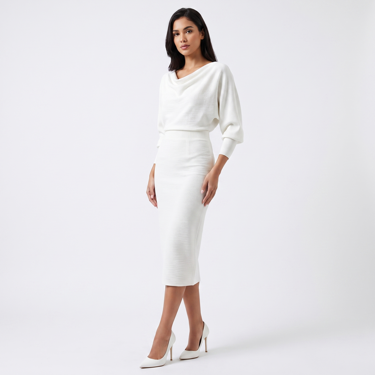 Women's Knit Batwing Sleeve Bodycon Midi Cowl-Neck Fitted Sweater Dress
