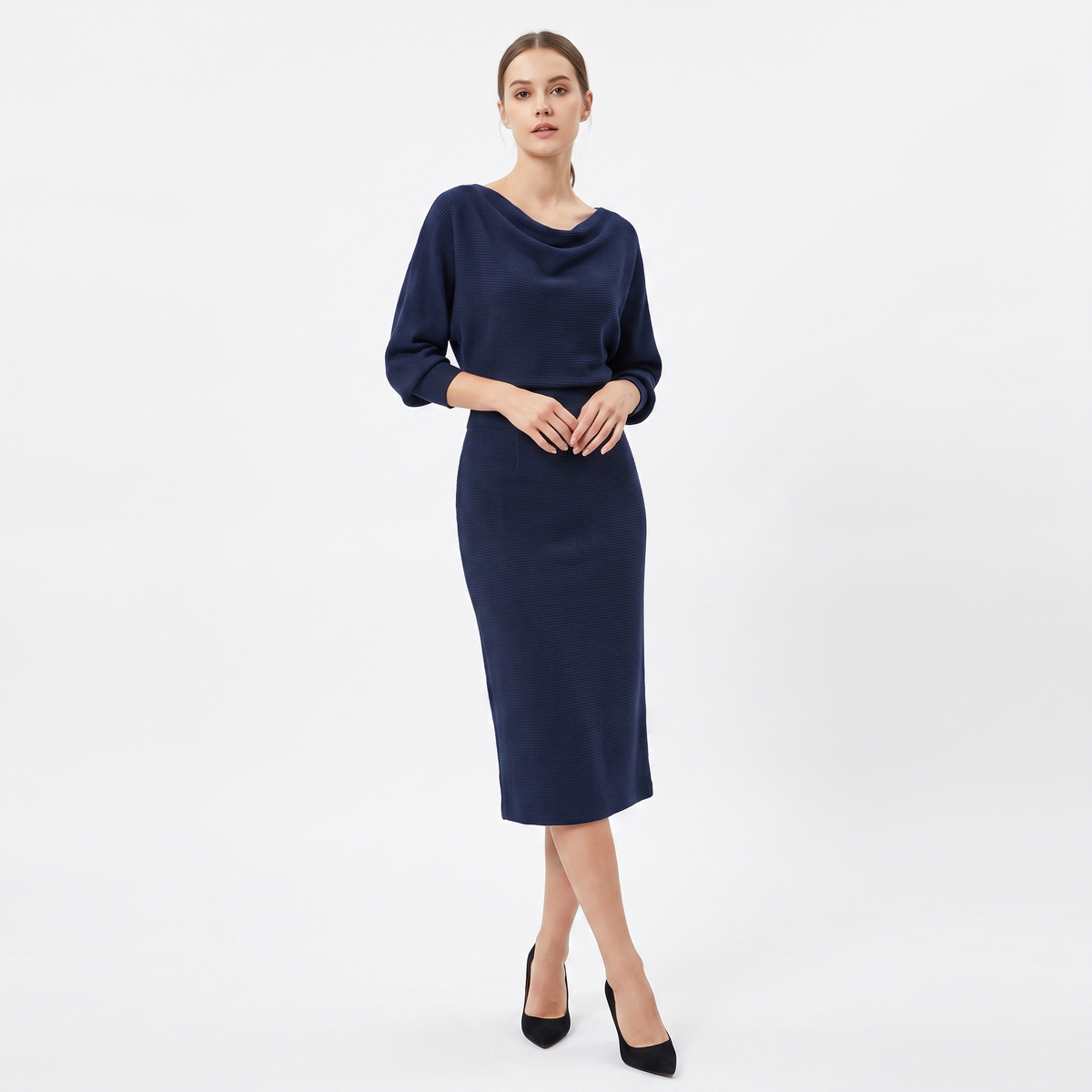 Women's Knit Batwing Sleeve Bodycon Midi Cowl-Neck Fitted Sweater Dress