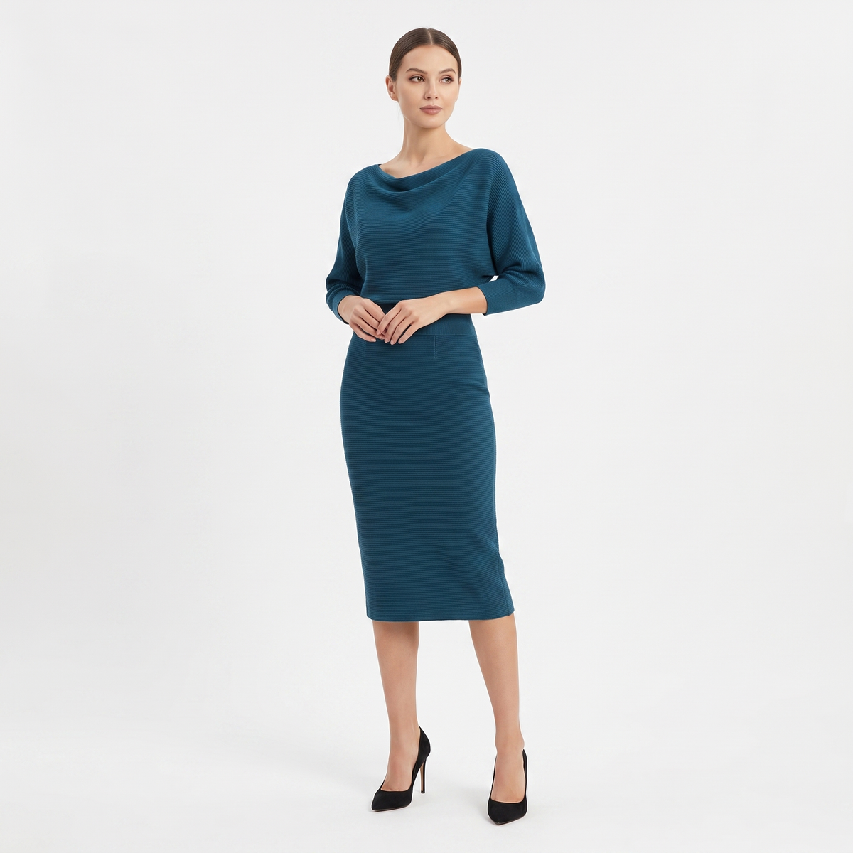Women's Knit Batwing Sleeve Bodycon Midi Cowl-Neck Fitted Sweater Dress