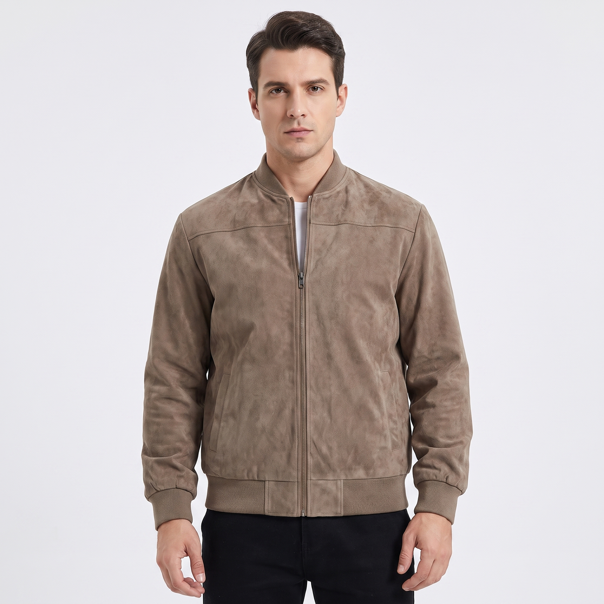 Men's Suede Bomber Autumn Jacket Zip-Up Stand Collar Lightweight Outerwear