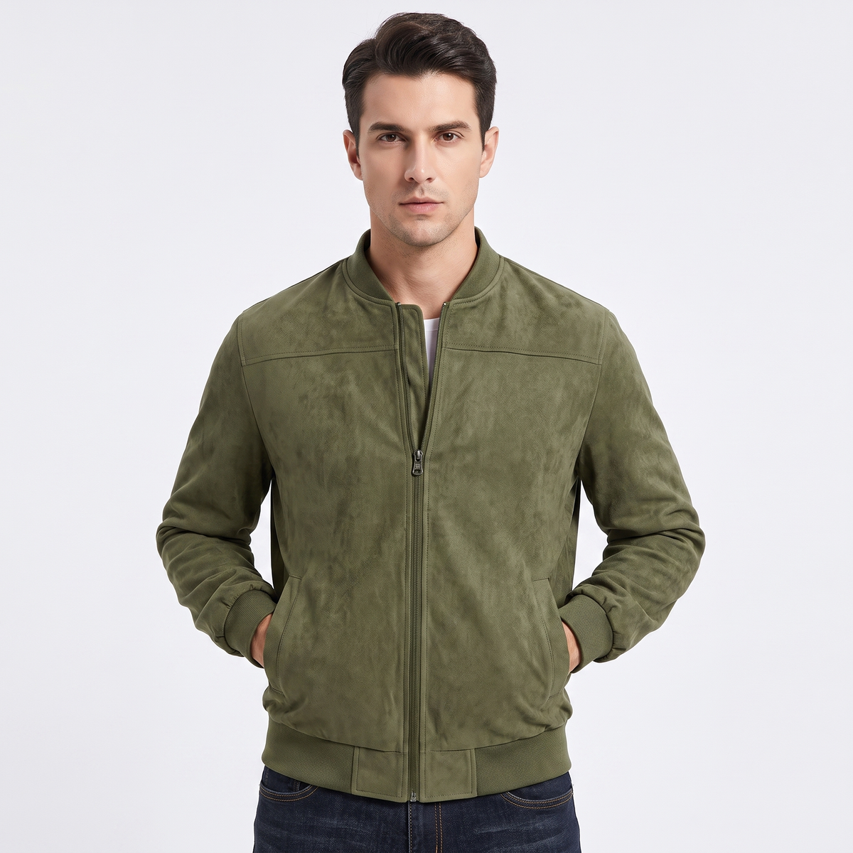 Men's Suede Bomber Autumn Jacket Zip-Up Stand Collar Lightweight Outerwear