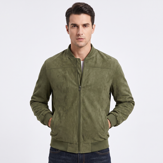 Giacca Bomber Uomo in Suede con Zip, Collo Coreana, Casual e Leggera