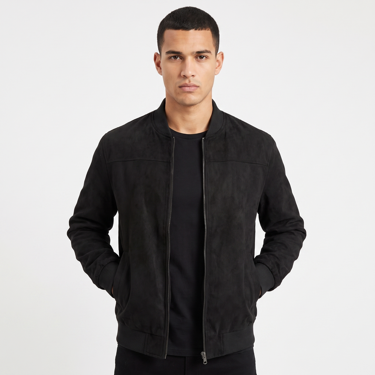 Men's Suede Bomber Autumn Jacket Zip-Up Stand Collar Lightweight Outerwear