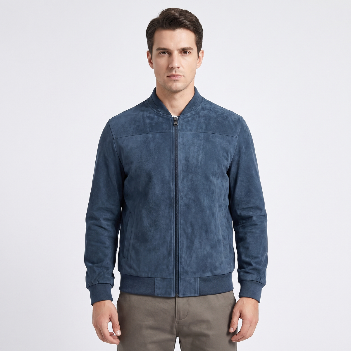 Men's Suede Bomber Autumn Jacket Zip-Up Stand Collar Lightweight Outerwear