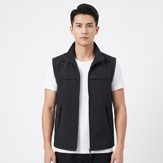 Gilet Uomo Multitasche con Cerniera, Senza Maniche, Collo Alto, Utilità Esterna