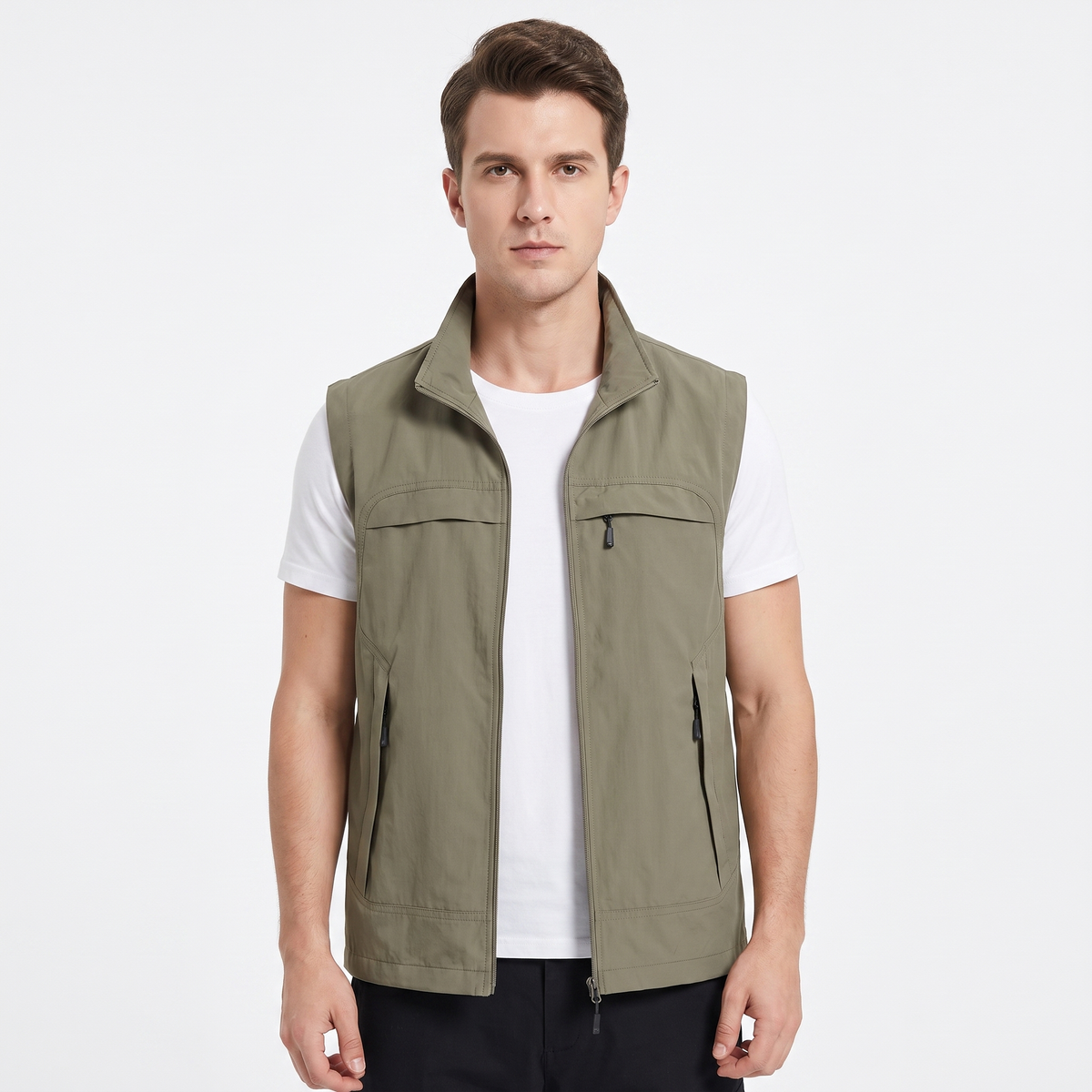 Gilet Uomo Multitasche con Cerniera, Senza Maniche, Collo Alto, Utilità Esterna