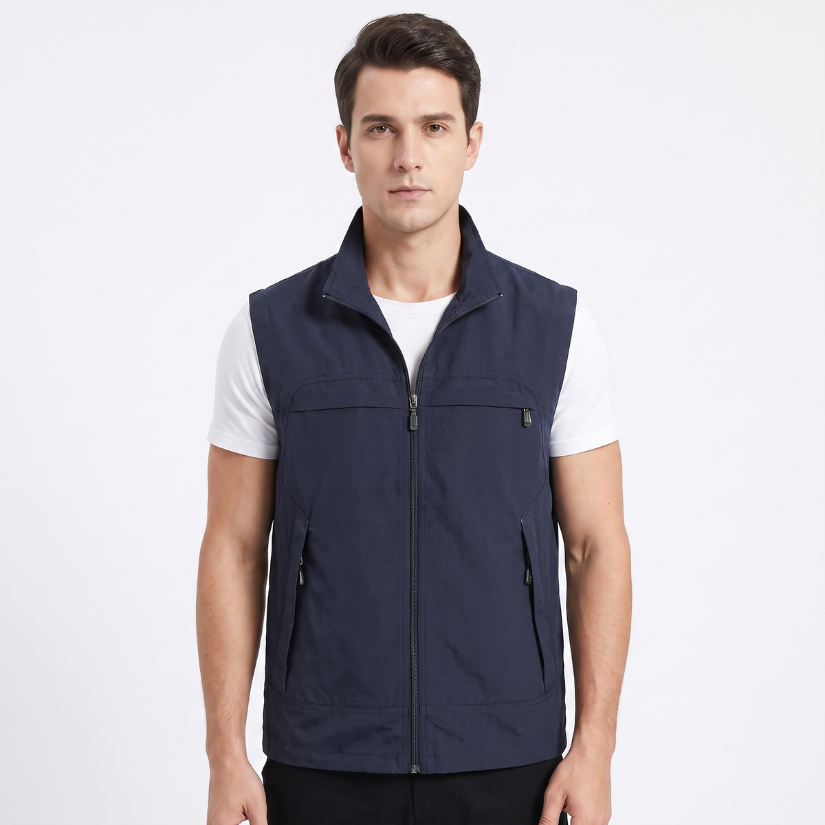 Gilet Uomo Multitasche con Cerniera, Senza Maniche, Collo Alto, Utilità Esterna