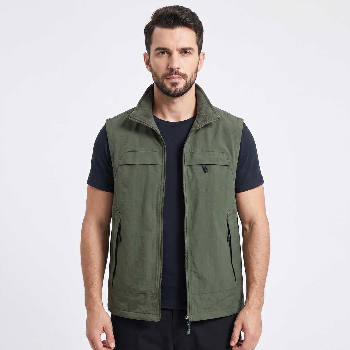 Gilet Uomo Multitasche con Cerniera, Senza Maniche, Collo Alto, Utilità Esterna