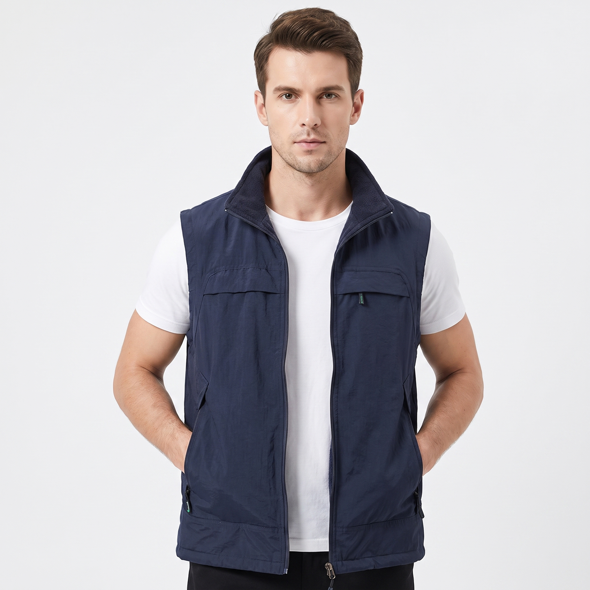 Gilet Uomo Multitasche con Cerniera, Senza Maniche, Collo Alto, Utilità Esterna