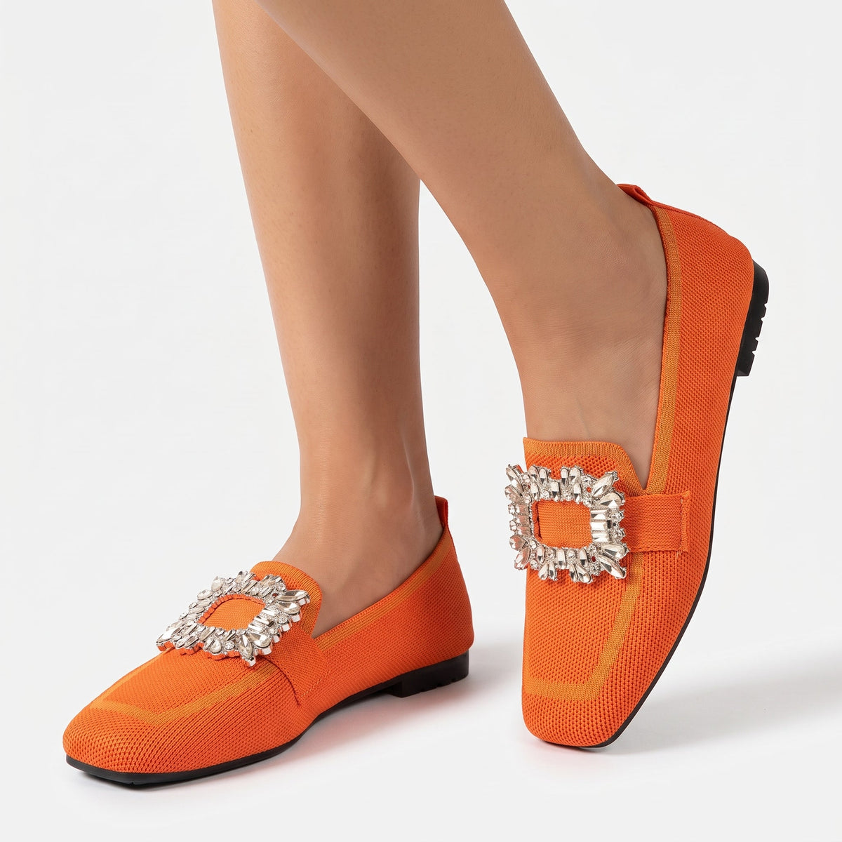 Women's Rhinestone Buckle Flat Loafers Square Toe Knit Slip-On Winter Shoes