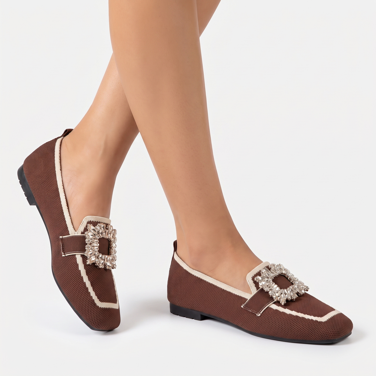 Women's Rhinestone Buckle Flat Loafers Square Toe Knit Slip-On Winter Shoes