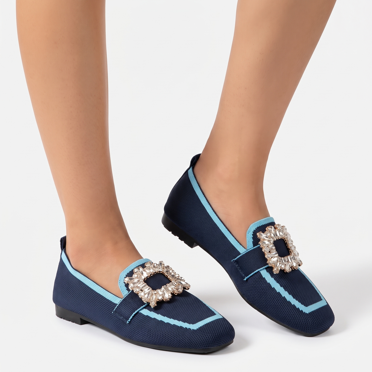 Women's Rhinestone Buckle Flat Loafers Square Toe Knit Slip-On Winter Shoes