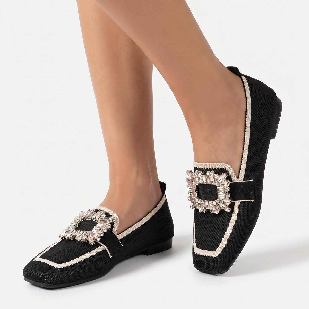 Women's Rhinestone Buckle Flat Loafers Square Toe Knit Slip-On Winter Shoes