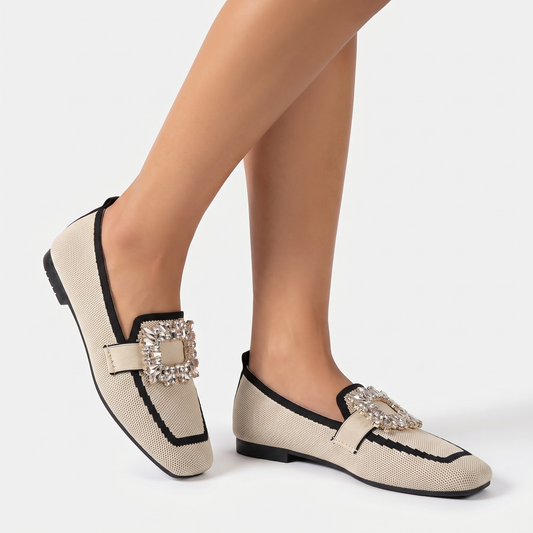 Women's Rhinestone Buckle Flat Loafers Square Toe Knit Slip-On Winter Shoes