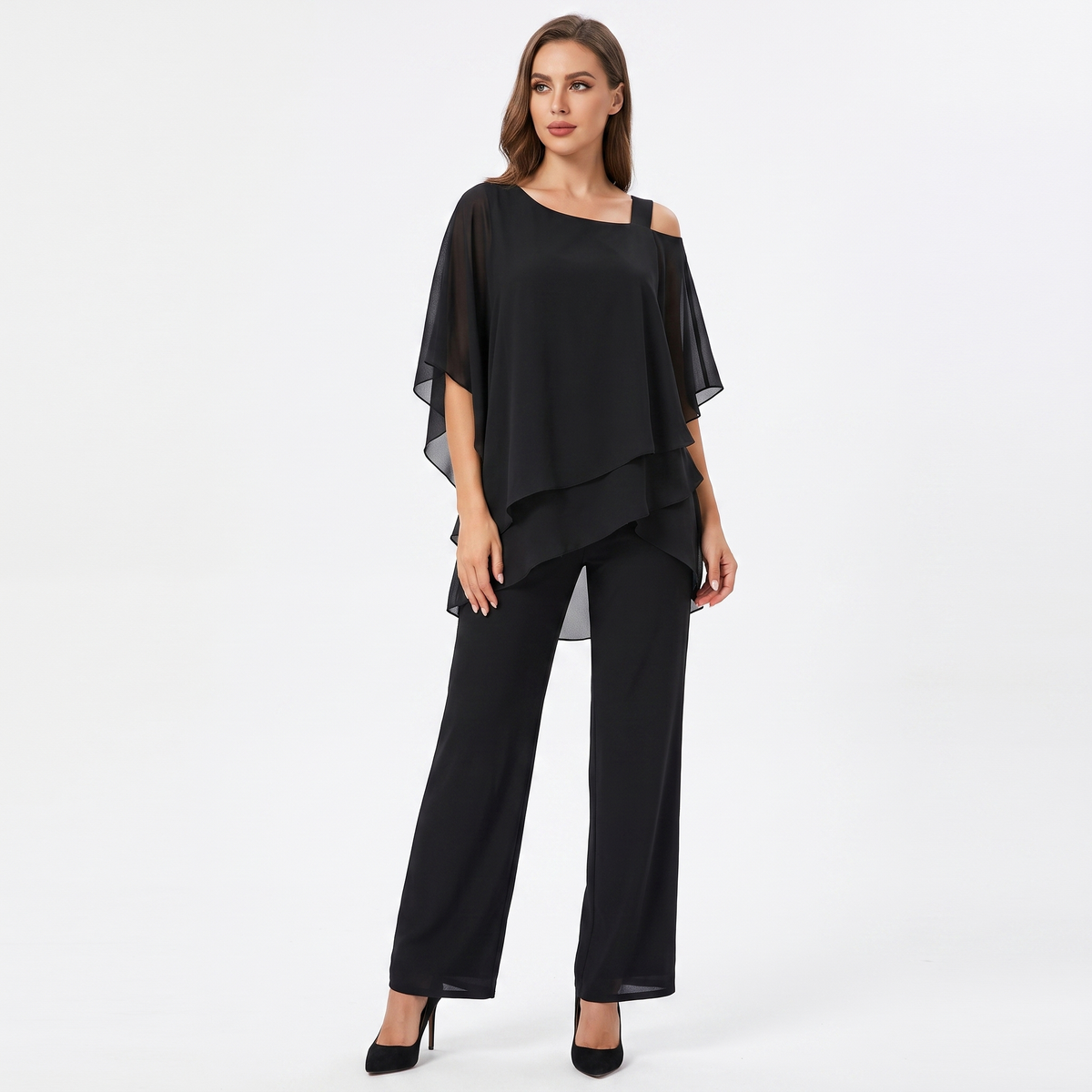 Women's Two-Piece Pants Set Chiffon Cape Winter Top Wide-Leg Formal
