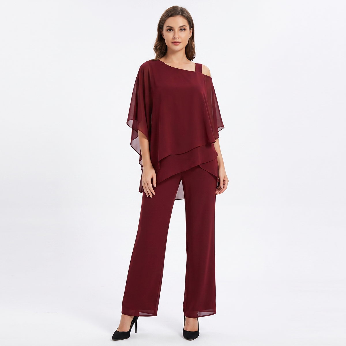Women's Two-Piece Pants Set Chiffon Cape Winter Top Wide-Leg Formal