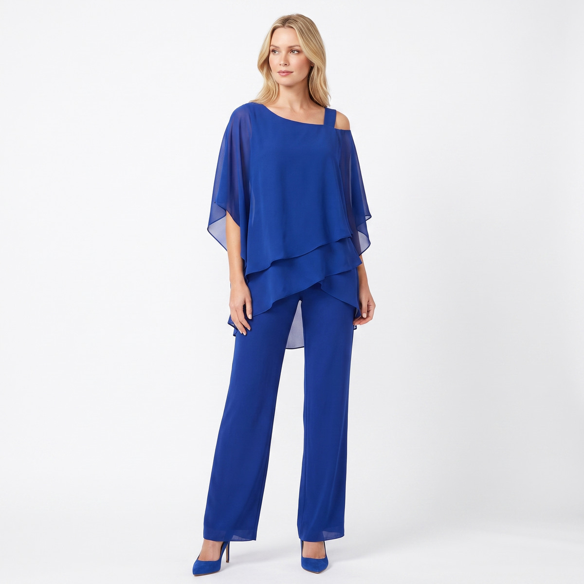 Women's Two-Piece Pants Set Chiffon Cape Winter Top Wide-Leg Formal