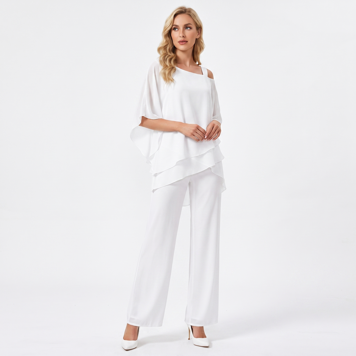 Women's Two-Piece Pants Set Chiffon Cape Winter Top Wide-Leg Formal