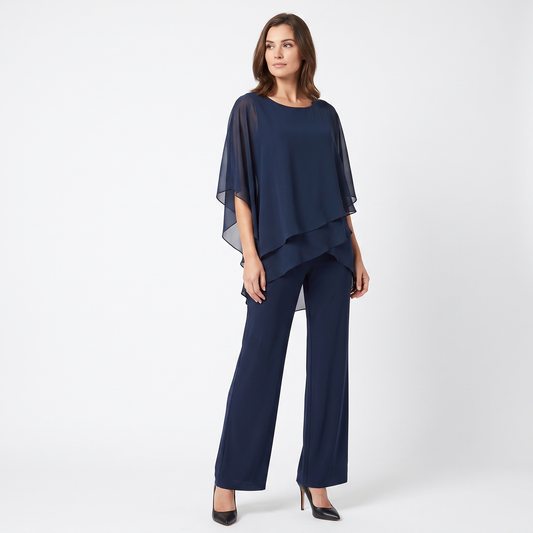 Women's Two-Piece Pants Set Chiffon Cape Winter Top Wide-Leg Formal