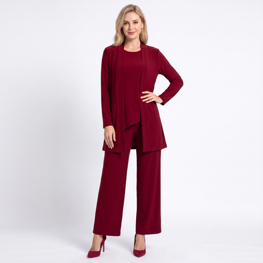 Completo da donna tre pezzi con pantaloni, cardigan lungo e pantaloni ampi eleganti ma casual
