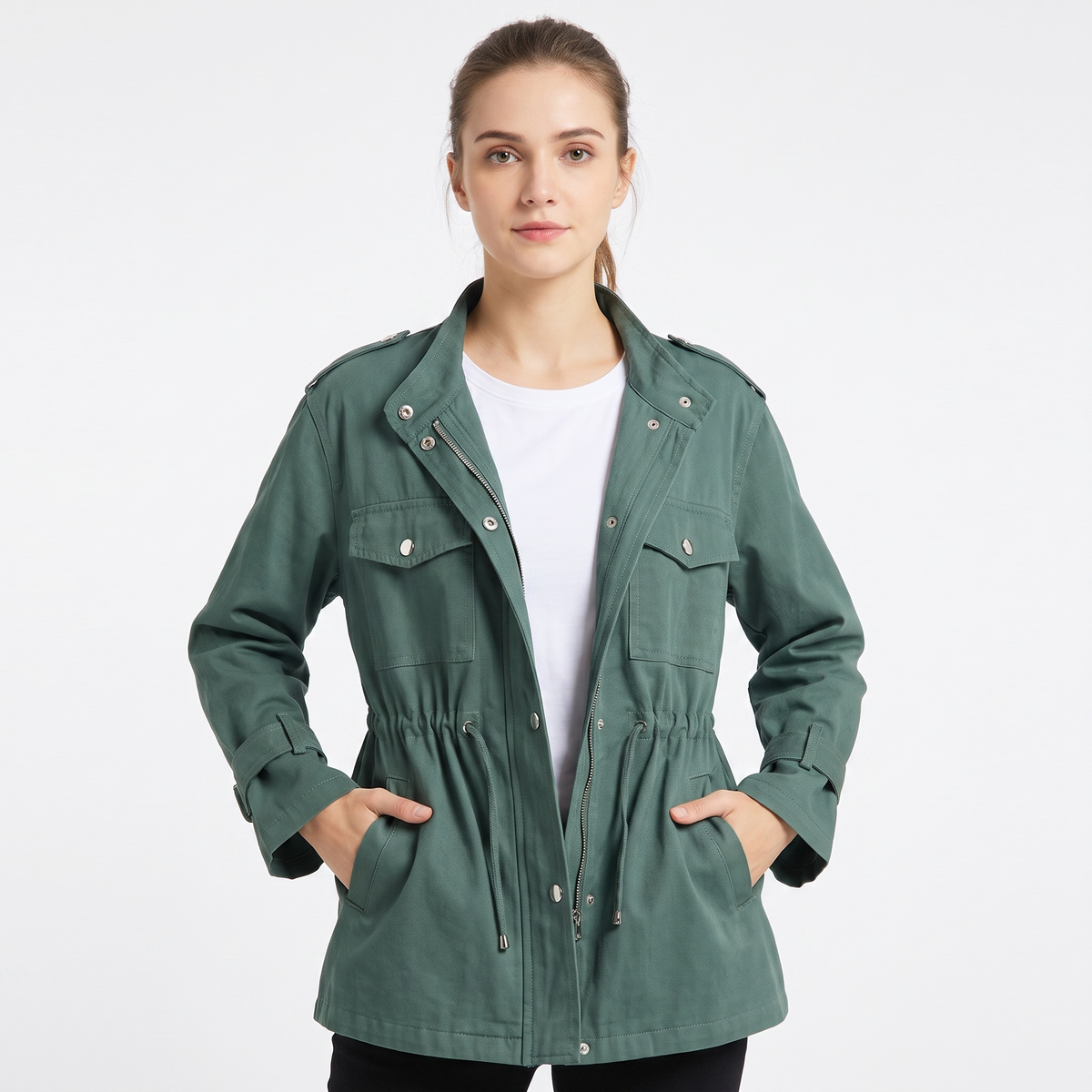 Women's Drawstring Waist Utility Jacket Zip-Up Chest Pockets Field Coat