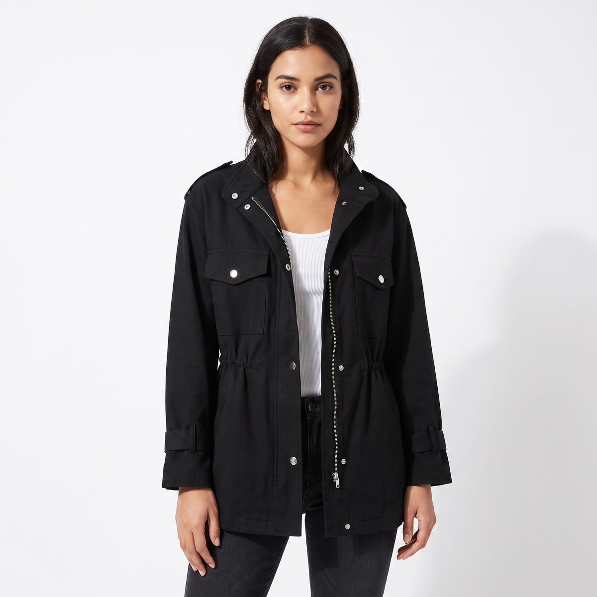 Women's Drawstring Waist Utility Jacket Zip-Up Chest Pockets Field Coat