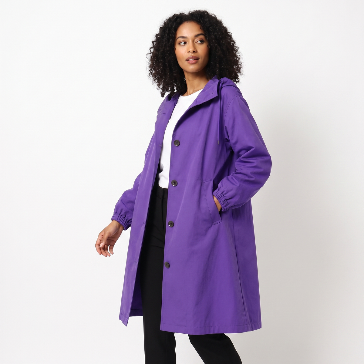 Women's Oversized Hooded Trench Coat Button Front Longline Jacket