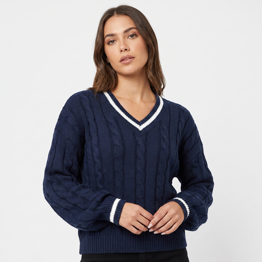 Women's Cable Knit Cricket Sweater V-Neck Contrast Stripe Cropped Top