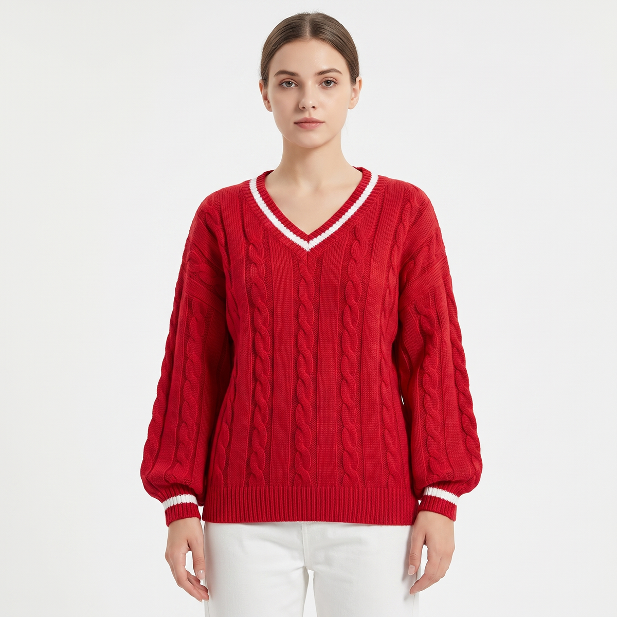 Women's Cable Knit Cricket Sweater V-Neck Contrast Stripe Cropped Top