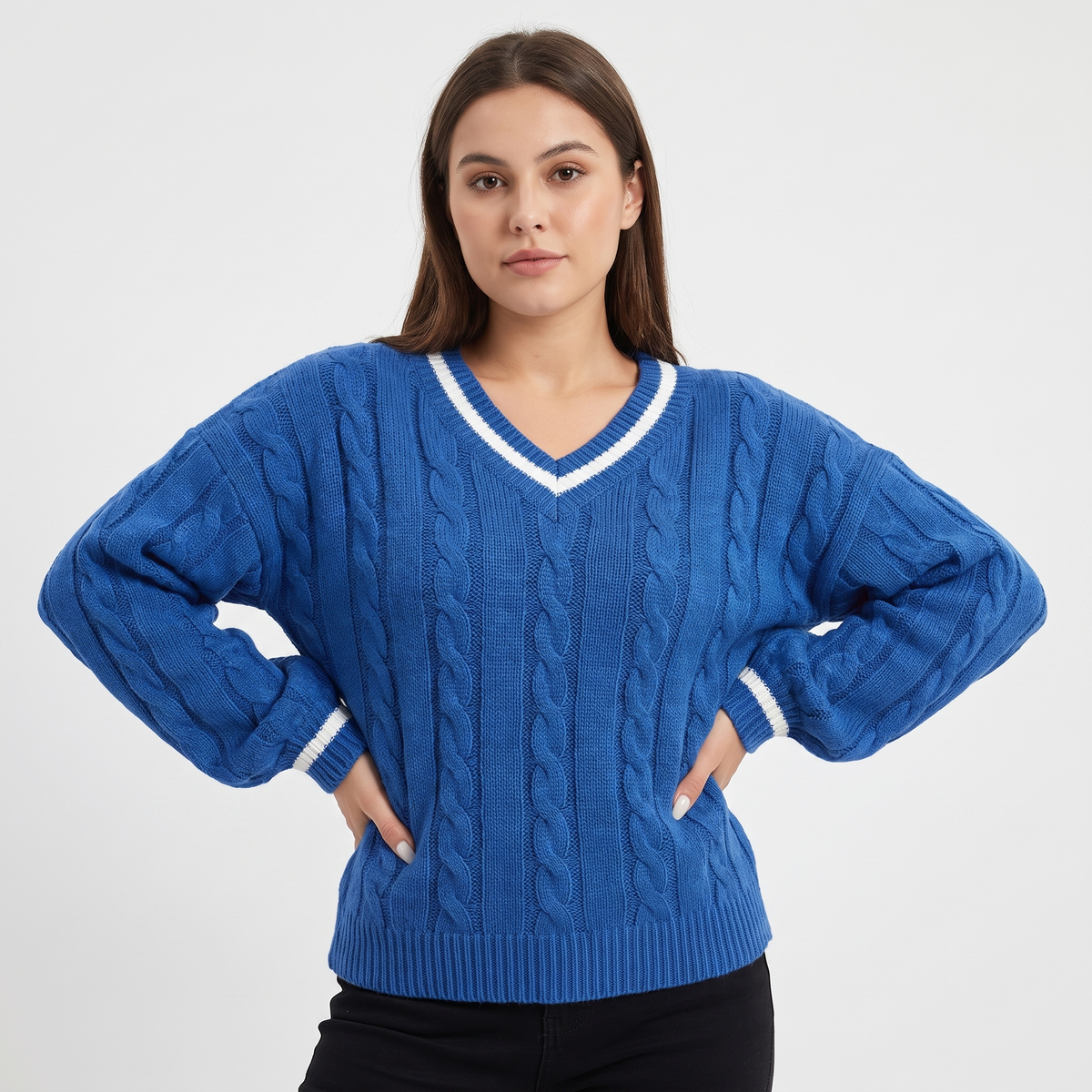 Women's Cable Knit Cricket Sweater V-Neck Contrast Stripe Cropped Top