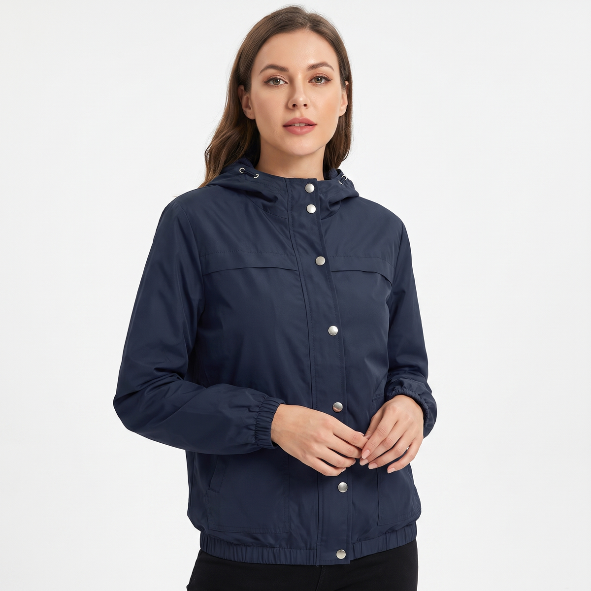 Women's Snap Button Windbreaker Jacket Stand Collar Zip-Up Lightweight Coat