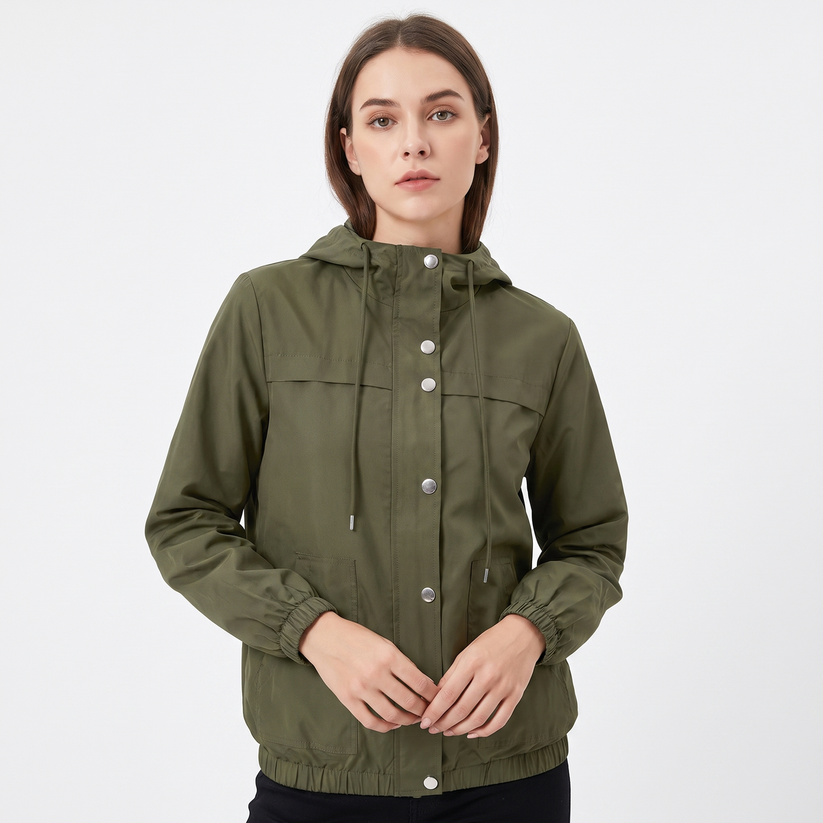 Women's Snap Button Windbreaker Jacket Stand Collar Zip-Up Lightweight Coat