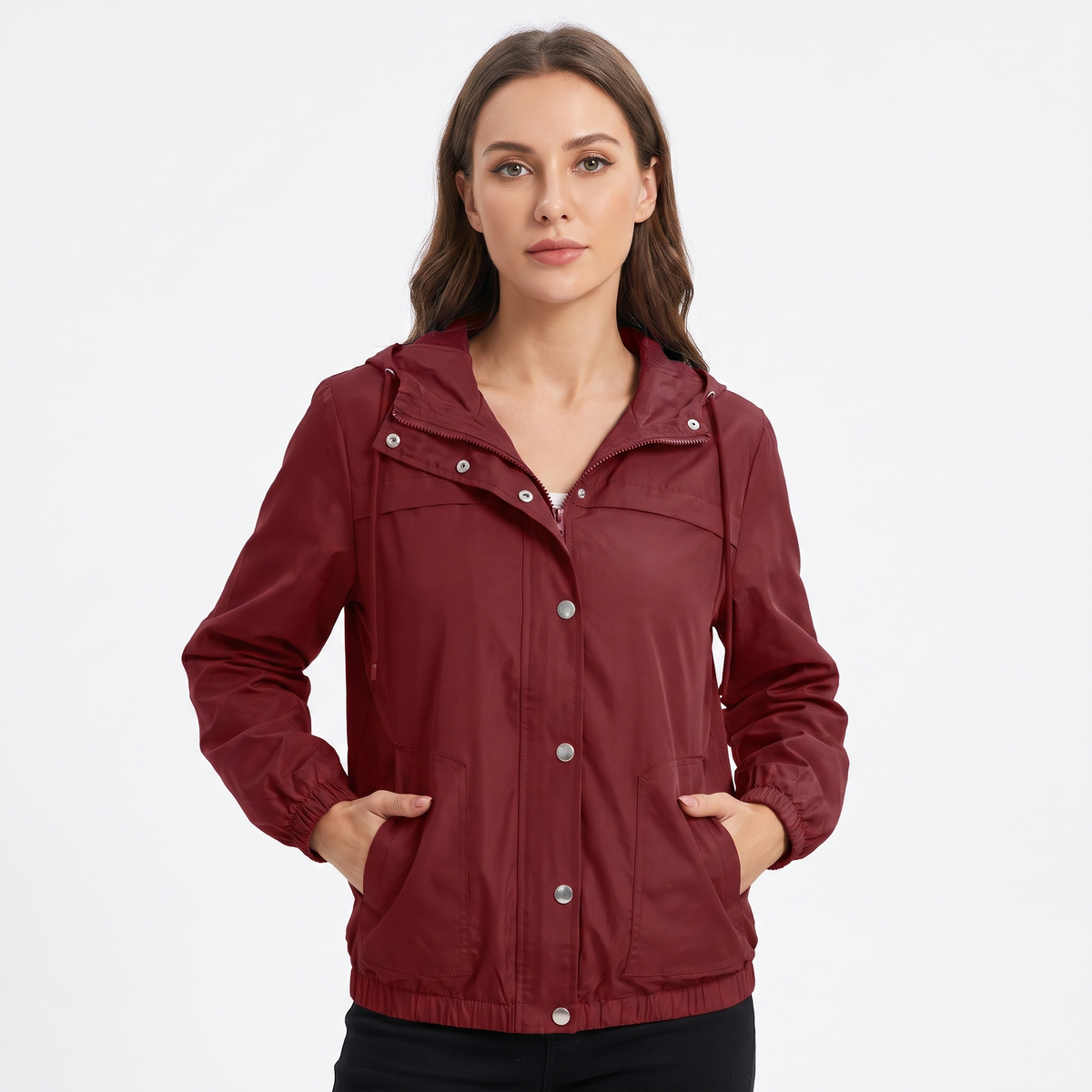 Women's Snap Button Windbreaker Jacket Stand Collar Zip-Up Lightweight Coat