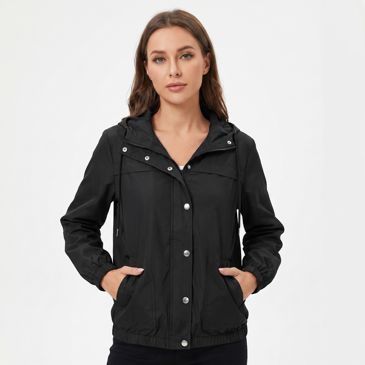 Women's Snap Button Windbreaker Jacket Stand Collar Zip-Up Lightweight Coat
