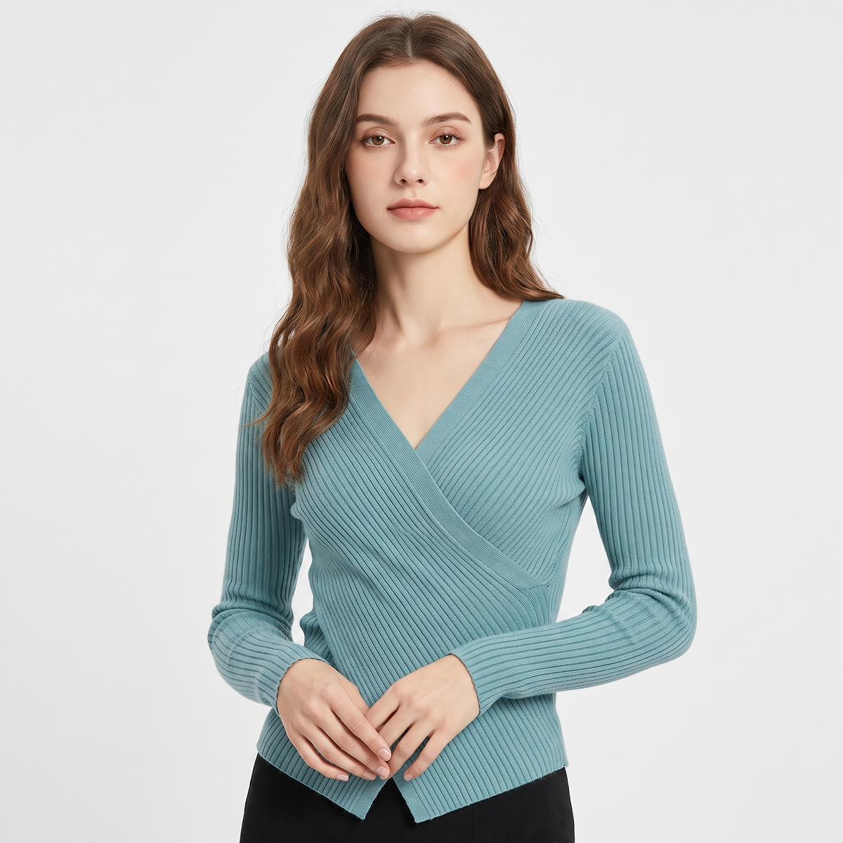 Women's Ribbed Wrap V-Neck Knit Top Long-Sleeve Fitted Slim Stretch