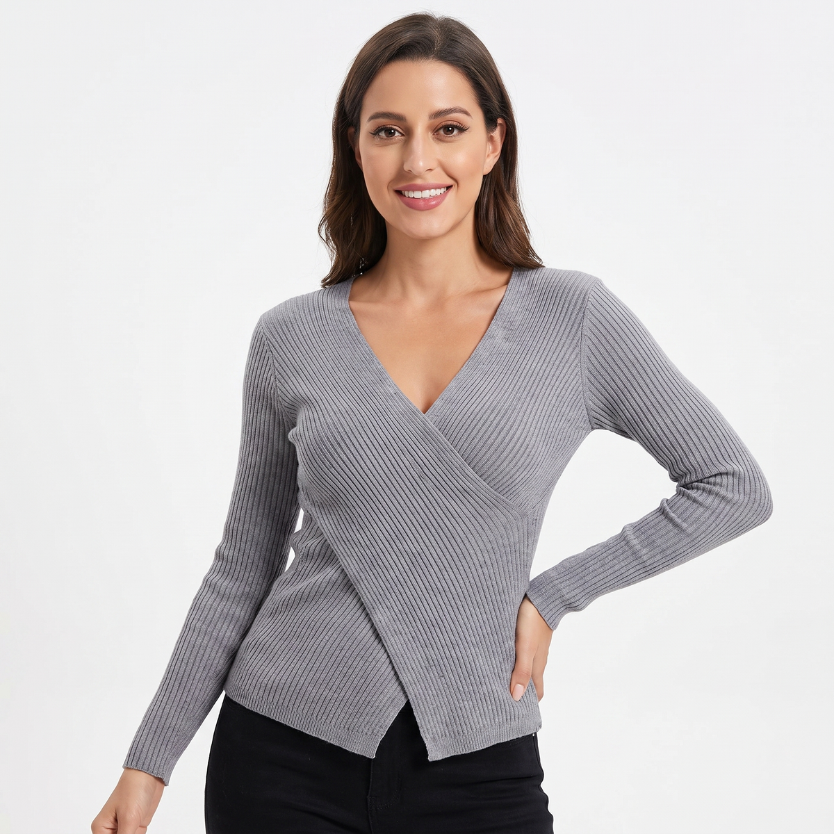 Women's Ribbed Wrap V-Neck Knit Top Long-Sleeve Fitted Slim Stretch